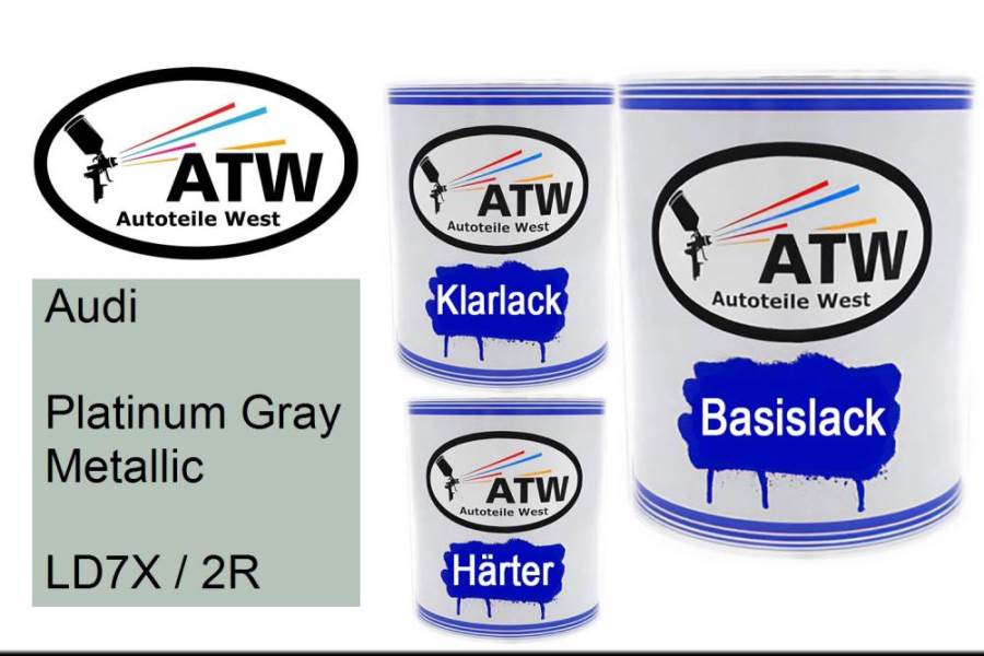 Audi, Platinum Gray Metallic, LD7X / 2R: 1L Lackdose + 1L Klarlack + 500ml Härter - Set, von ATW Autoteile West.